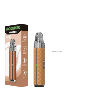 Vaporesso Vibe SE 2 10 Vaporesso Vibe SE 2 caja retail y equipo Leather Brown fondo transparente