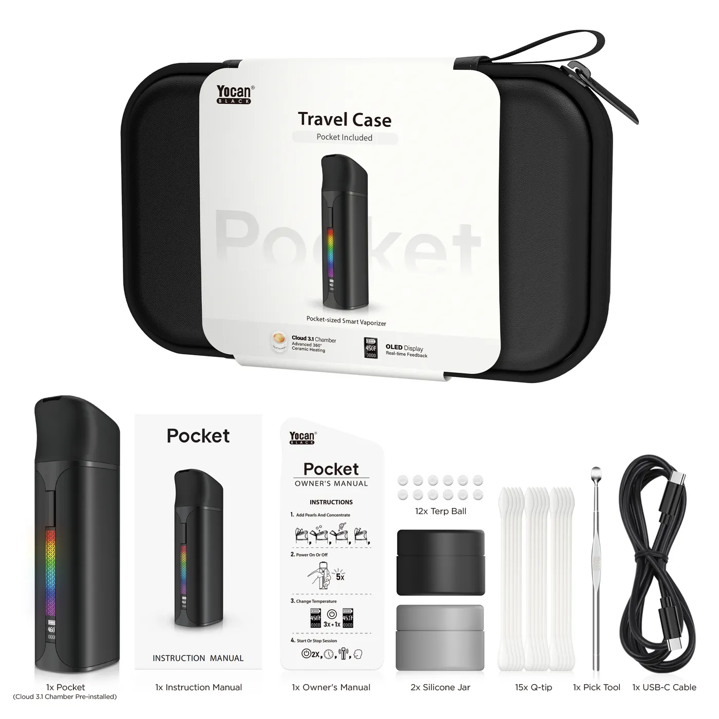 Contenido del Yocan Pocket Starter Pack + Bolso Transporte